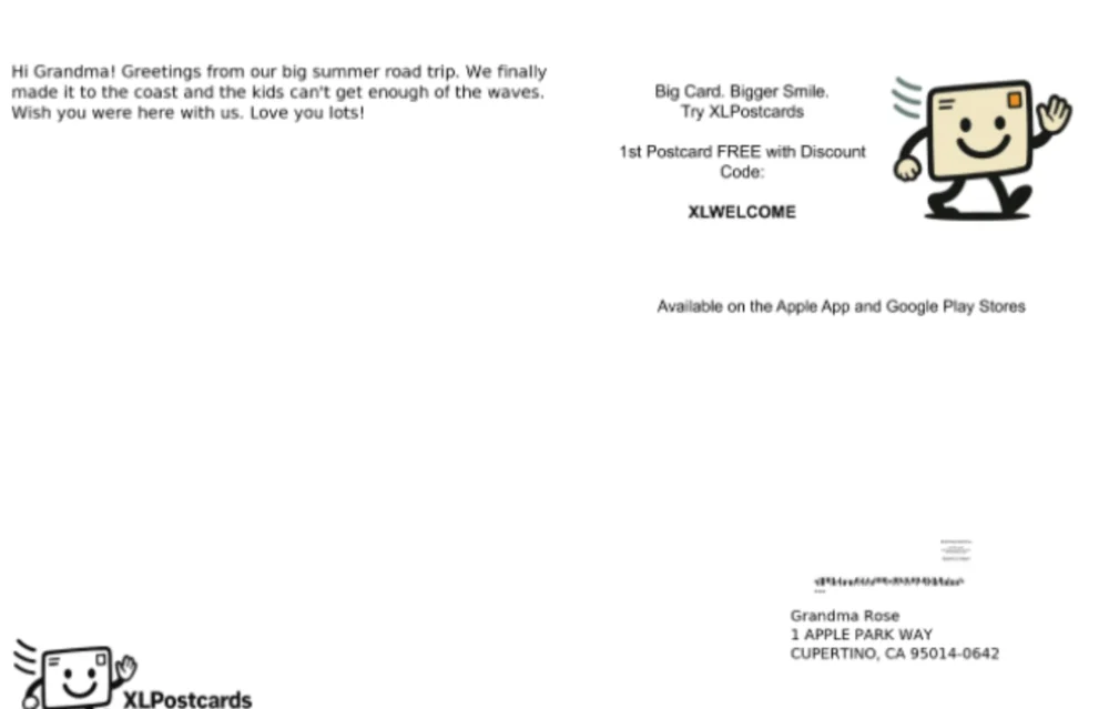 Back of an XL postcard showing the message, address, and the sponsored ad slot in the upper right corner