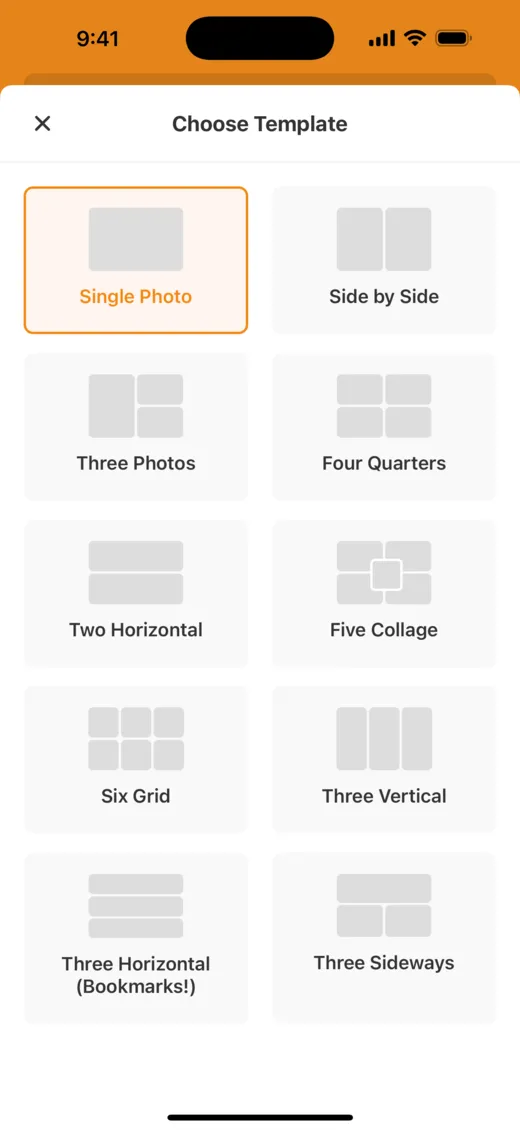 App screenshot: choosing a photo template