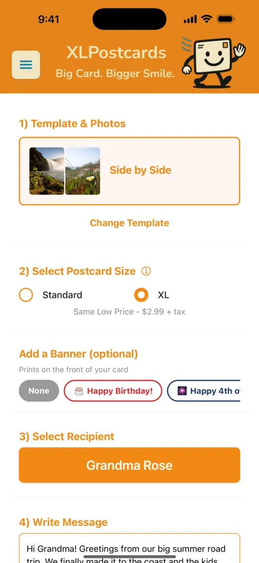 App screenshot: writing a message and choosing a recipient