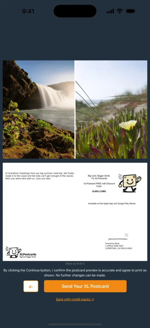 App screenshot: postcard print preview, front and back