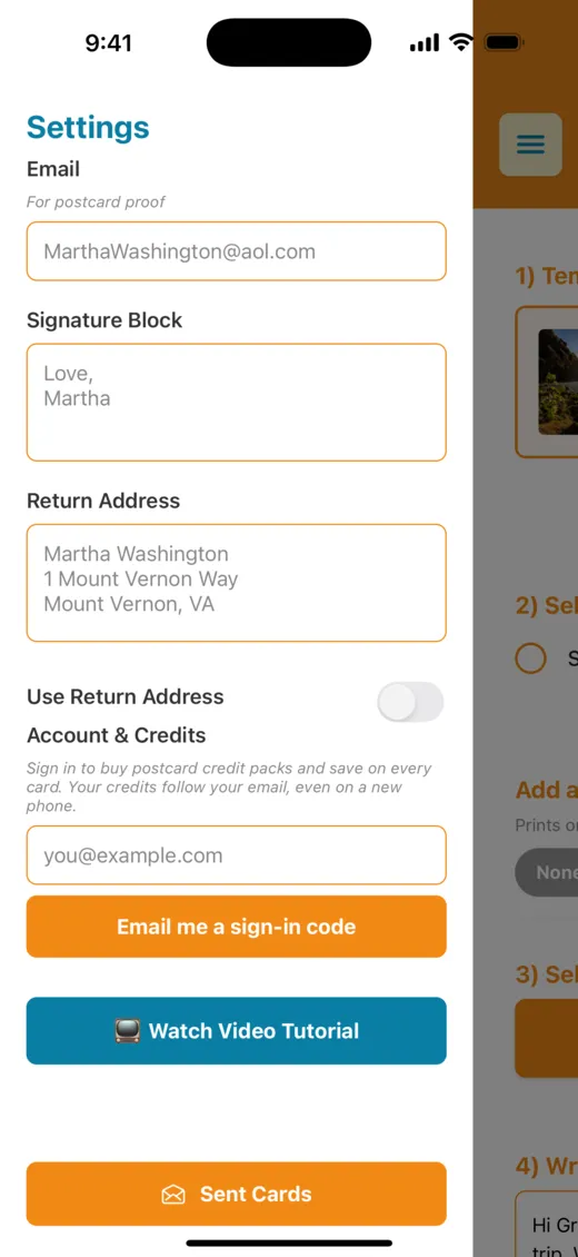 App menu and settings